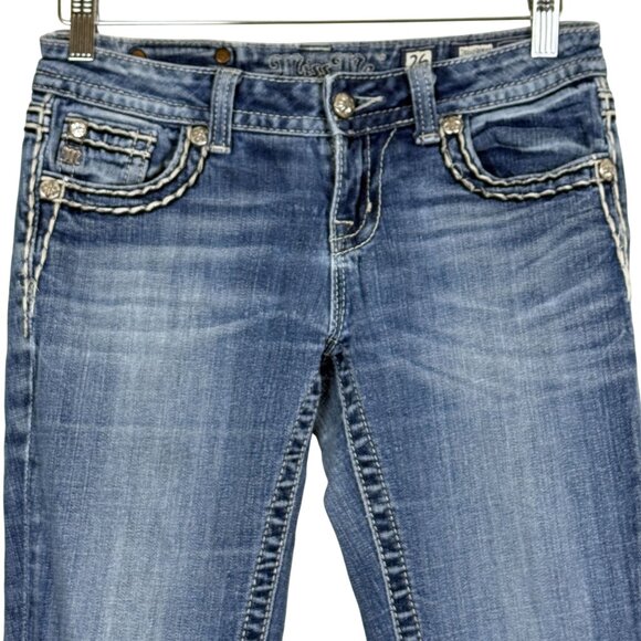 Miss Me Easy Bootcut Jeans 26 Fleur-De-Lis Embellished Ripped Patch Grunge - Picture 2 of 14